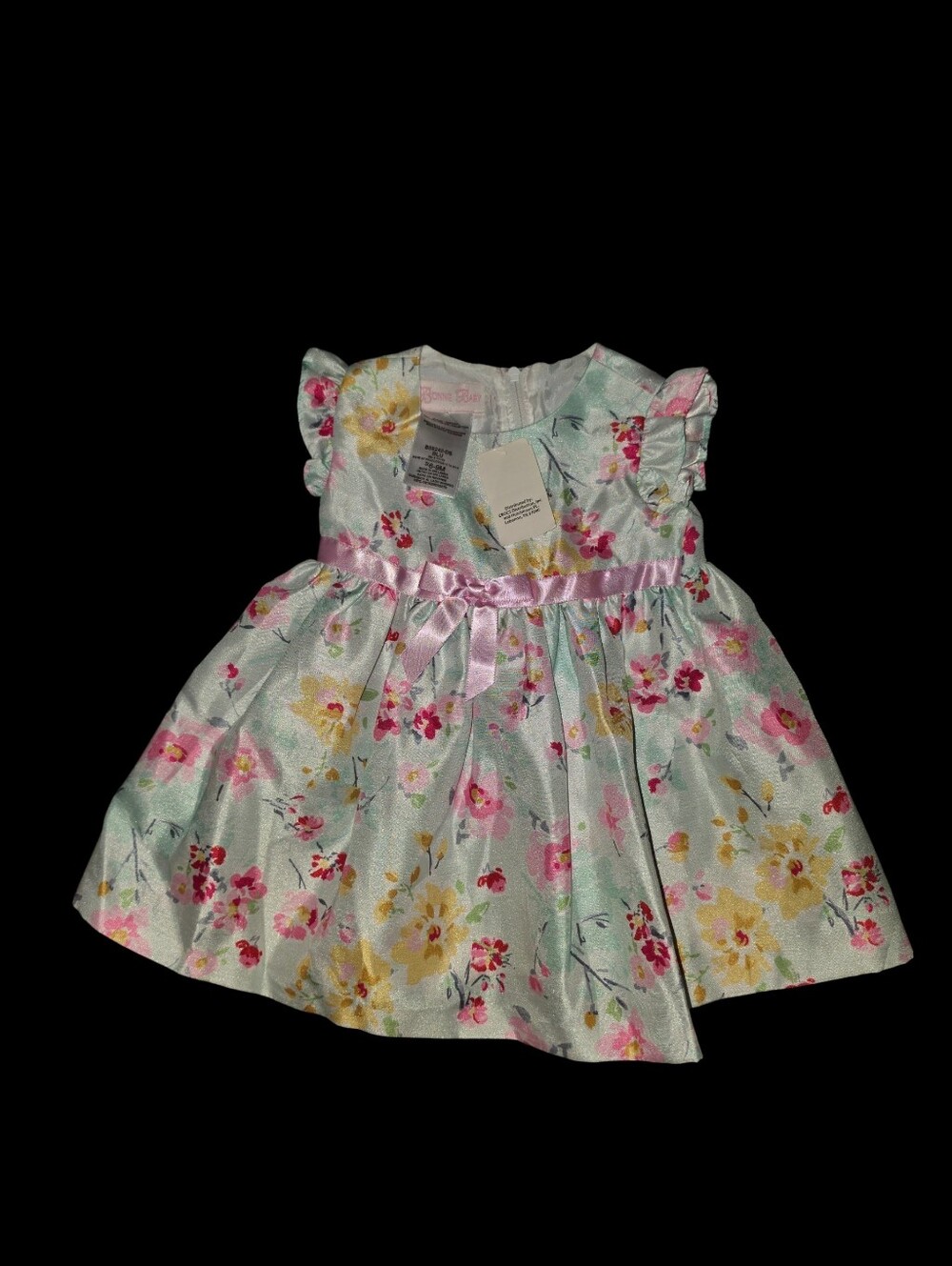 7/6/40. Bonnie Baby Baby Girl Mint Floral Satin Dress with Pink Ribbon(NWT)